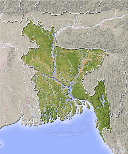 Bangladesh, shaded relief map.
