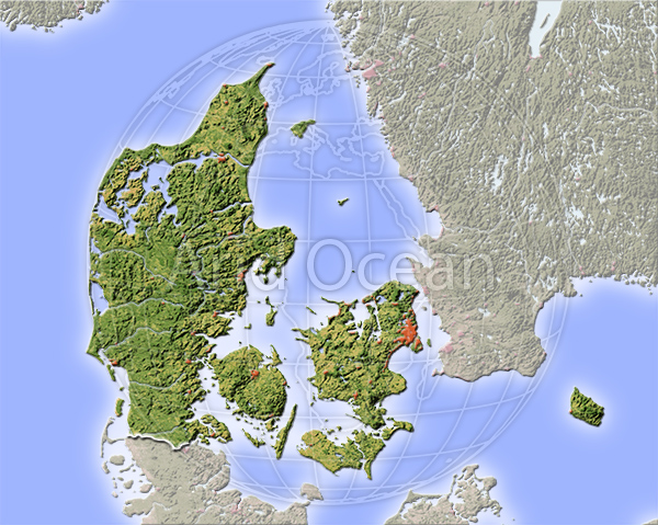Denmark, shaded relief map.