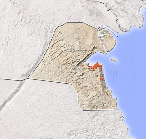 Kuwait, shaded relief map.