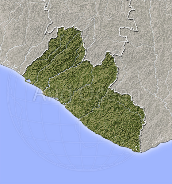 Liberia, shaded relief map.