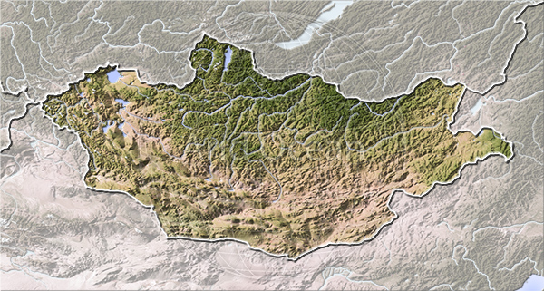 Mongolia, shaded relief map.