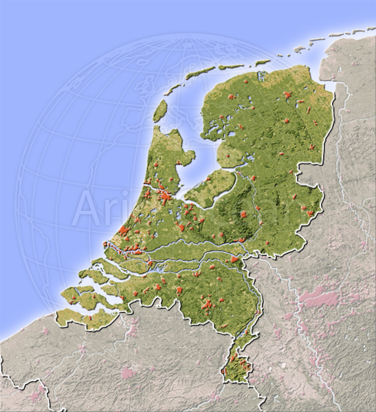 Netherlands, shaded relief map.