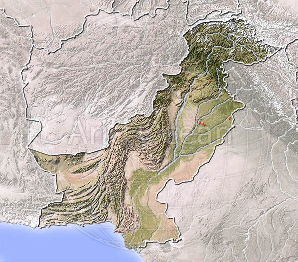 Pakistan, shaded relief map.