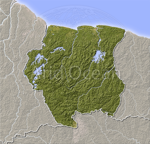Suriname, shaded relief map.