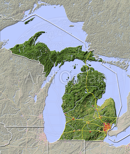 Michigan, shaded relief map.