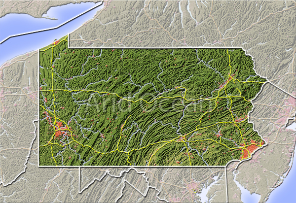 Pennsylvania, shaded relief map.