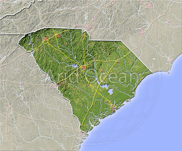 South Carolina, shaded relief map.