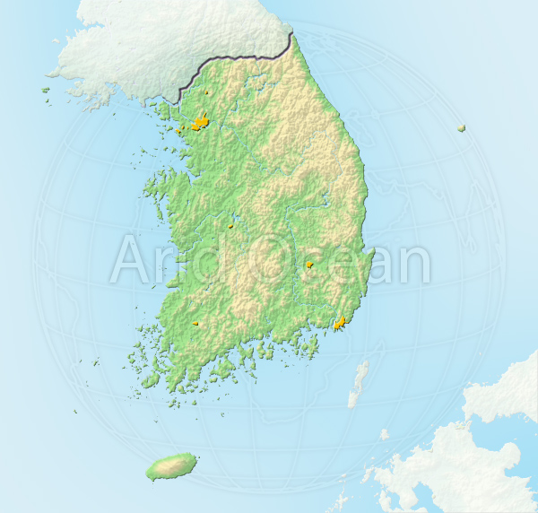 South Korea, shaded relief map.