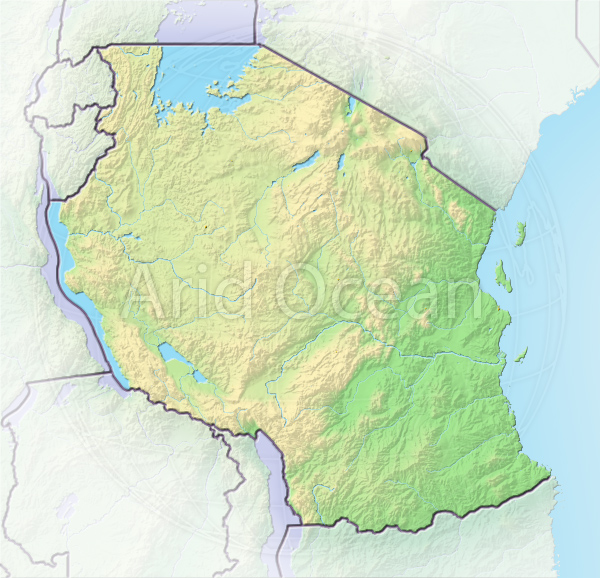 Tanzania, shaded relief map.