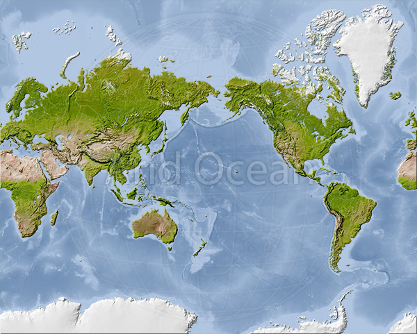 World Mercator map, shaded relief, centered on the Pacific
